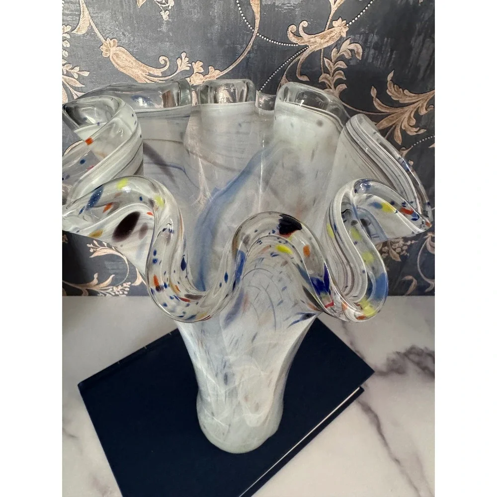 Hand Blown Art Glass Handkerchief Vase White Blue Swirl Confetti Ruffled 10.5